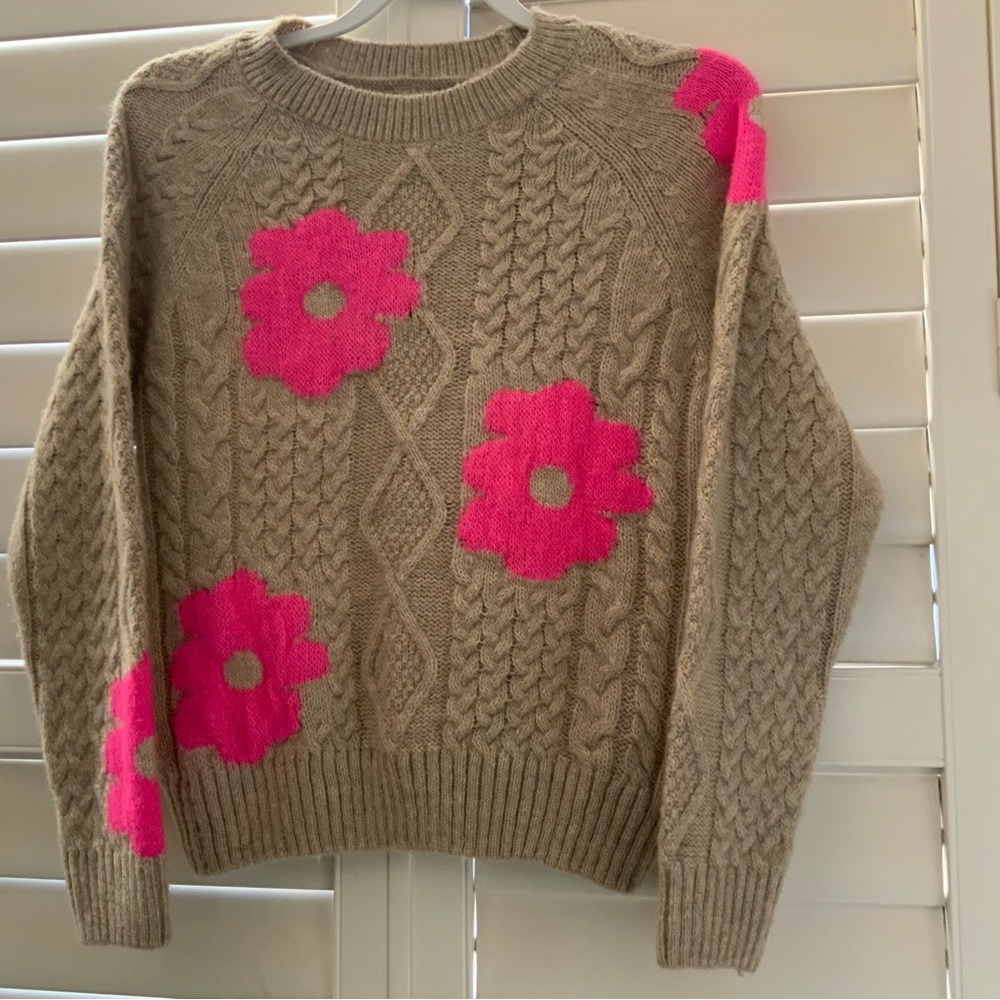 Anthropologie Beige Sweater with Vibrant Pink Flowers